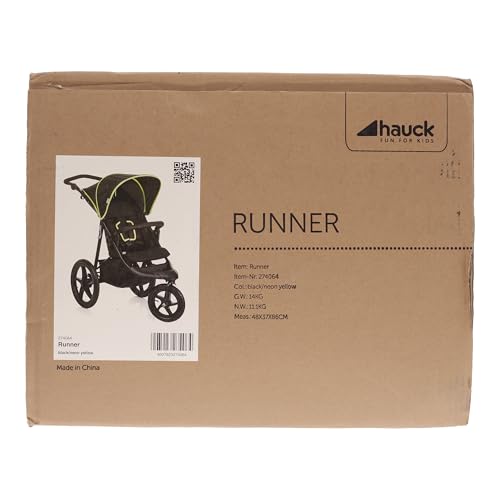 hauck Poussette 3 Roues Runner, Grandes Roues Pneumatiques, Jusqu'à 22 kg, Pliable, Position Allongée, Guidon Réglable, Panier XL Jusqu'à 3 kg, Noir Néon Jaune