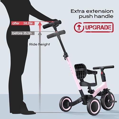 newyoo Tricycle 5 en 1, pour enfants de 1 à 3 ans; avec barre de direction, pédales amovibles, siège réglable (rose)
