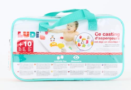 LUDI - 12 Animaux Marins en Plastique pour Jouer dans Le Bain. Dès 6 Mois. Animaux arroseurs rigolos. Sac de Rangement Inclus. Jouet à emmener à la Plage - Aspergeurs 12 Mers - réf. 2174