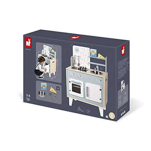 Janod - Cuisine Plume - Cuisinière en Bois pour Enfant - Avec Four, Évier en Inox, Placard, Boutons et Horloge - Cuisine en Bois Avec 5 Accessoires - De 3 à 8 Ans, J06608