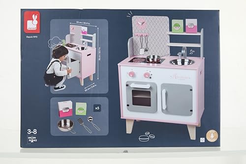 Janod - Cuisine Enfant en Bois Macaron - Équipée avec Frigo et Four Micro Ondes - Avec Bruitage - Imitation et Eveil - 5 Accessoires Inclus - Dès 3 ans, J06567, Rose et Blanc