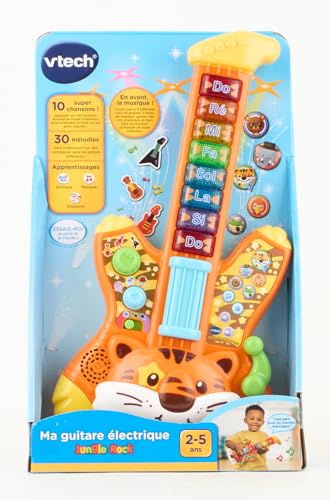 VTech - Ma Guitare Électrique Jungle Rock, Instrument de Musique Enfant, Guitare Interactive Tigre, Jeu d'Éveil Musical, Jouet Lumineux, Cadeau Enfant 2 Ans - Contenu en Français