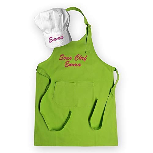 Tablier enfant personnalisé avec son prénom brodé, 100% coton, TOP QUALITE, 7 coloris, 16 motifs, cuisine top chef, cadeau personnalisé, fille garçon, déguisement, anniversaire, noel