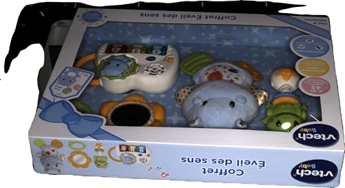 VTech - Coffret Naissance Éveil des Sens Bleu, Premiers Jouets Bébé, Doudou Hippo en Peluche, Piano Lumineux et Interactif, Hochets Grenouille et Miroir, Cadeau Nouveau-Né - Contenu en Français