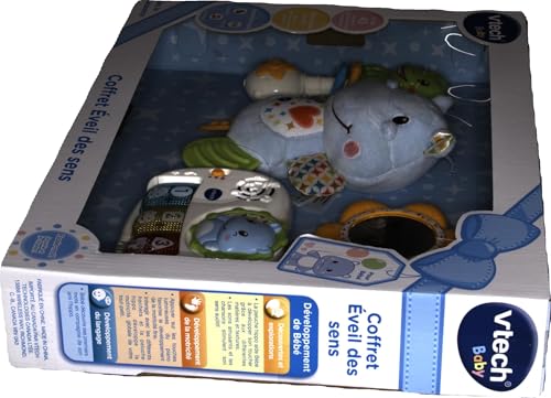 VTech - Coffret Naissance Éveil des Sens Bleu, Premiers Jouets Bébé, Doudou Hippo en Peluche, Piano Lumineux et Interactif, Hochets Grenouille et Miroir, Cadeau Nouveau-Né - Contenu en Français