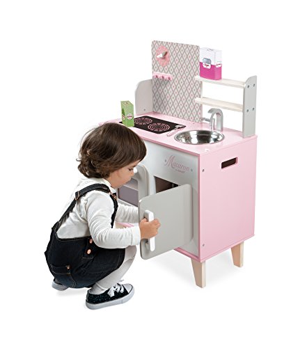 Janod - Cuisine Enfant en Bois Macaron - Équipée avec Frigo et Four Micro Ondes - Avec Bruitage - Imitation et Eveil - 5 Accessoires Inclus - Dès 3 ans, J06567, Rose et Blanc