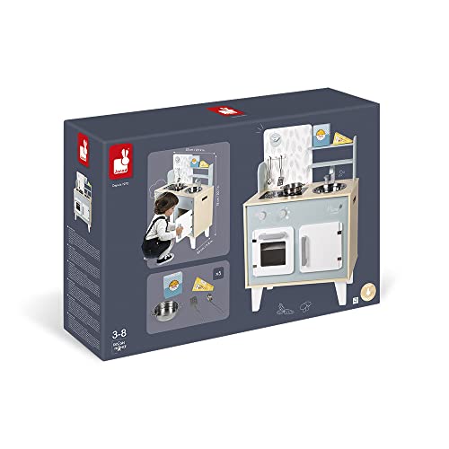 Janod - Cuisine Plume - Cuisinière en Bois pour Enfant - Avec Four, Évier en Inox, Placard, Boutons et Horloge - Cuisine en Bois Avec 5 Accessoires - De 3 à 8 Ans, J06608