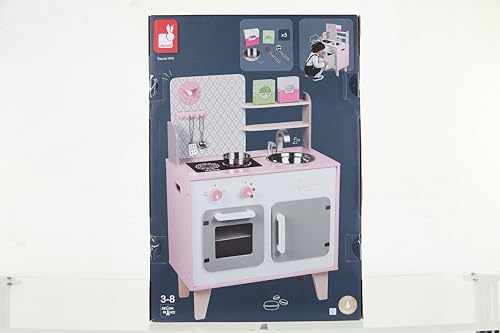Janod - Cuisine Enfant en Bois Macaron - Équipée avec Frigo et Four Micro Ondes - Avec Bruitage - Imitation et Eveil - 5 Accessoires Inclus - Dès 3 ans, J06567, Rose et Blanc