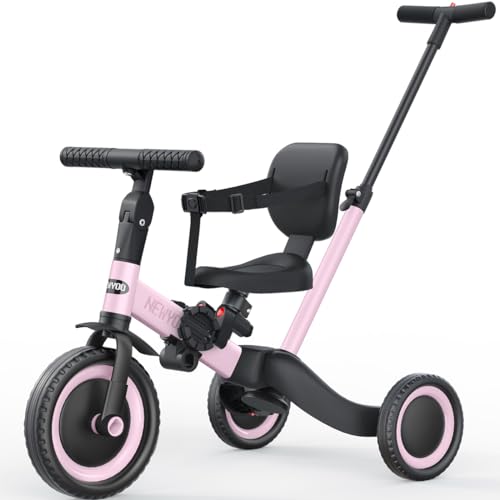 newyoo Tricycle 5 en 1, pour enfants de 1 à 3 ans; avec barre de direction, pédales amovibles, siège réglable (rose)