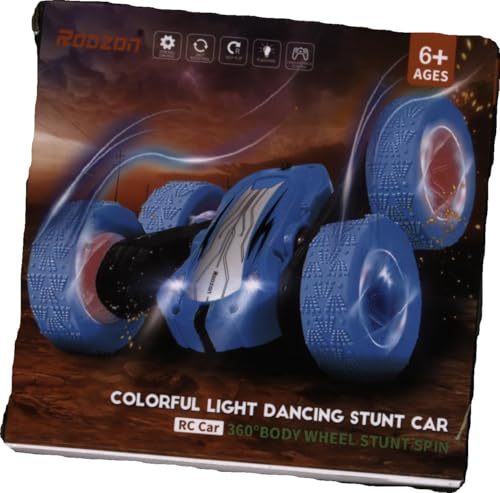 Rodzon Voiture Télécommandée Enfant, 360°Rotation Camion Cascadeuse avec Feux de Roue, 2.4GHz RC Voiture Radiocommandee Jeux Extérieur Jouet Cadeau pour Garçon Fille 3-12 Ans, 2 x Batterie (Bleu)