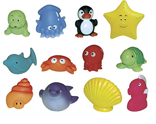 LUDI - 12 Animaux Marins en Plastique pour Jouer dans Le Bain. Dès 6 Mois. Animaux arroseurs rigolos. Sac de Rangement Inclus. Jouet à emmener à la Plage - Aspergeurs 12 Mers - réf. 2174