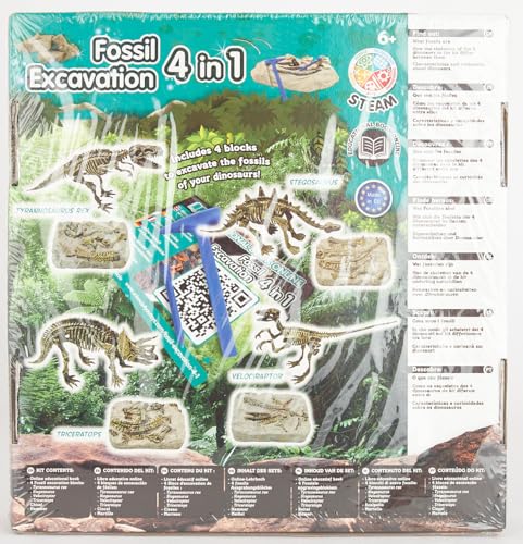 Science4you - Kit de Fouille de Fossiles 4 en 1 pour Enfants 5 6 7 8 9 10 Ans - Excaver et Assembler 4 Dinosaures: T-Rex, Triceratops, Velociraptor et Stegosaurus - Jouet Idéal pour Filles et Garçons