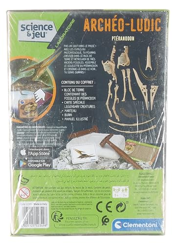 Clementoni- Science & Jeu : Archéo Ludic Pteranodon - Retrouve et Assemble les Fossils - Kit Archéologie pour Enfant - Squelette phosphorescent - Jeu Scientifique pour Enfant - Dès 7 ans - 52349