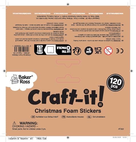 Baker Ross AT302 Autocollants en Mousse à Paillettes motif Noel - Lot de 120, Autocollants pour Enfants, Parfait pour le Scrapbooking, Fournitures et Loisirs Creatifs pour les Enfants