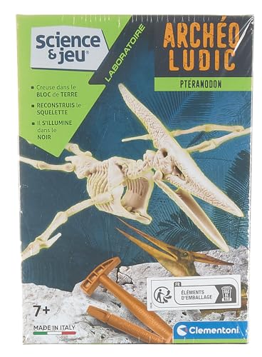 Clementoni- Science & Jeu : Archéo Ludic Pteranodon - Retrouve et Assemble les Fossils - Kit Archéologie pour Enfant - Squelette phosphorescent - Jeu Scientifique pour Enfant - Dès 7 ans - 52349
