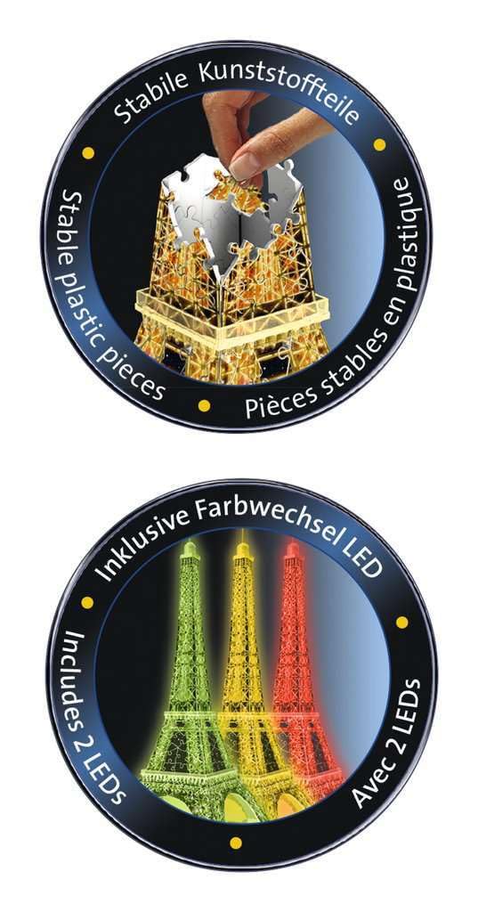 Ravensburger - Puzzle 3D Building - Tour Eiffel illuminée - A partir de 10 ans - 226 pièces numérotées à assembler sans colle - Accessoires de finition inclus - 12579