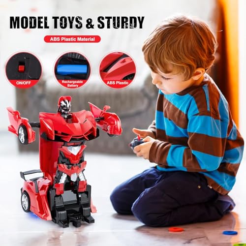 Highttoy Voiture Télécommandé Robot, Transformateur Jouets 3-12 Ans Garçon Fille Cadeau Voiture Robot Transformable 2.4GHz Rotation à 360° Robot Jouet Enfant Rouge