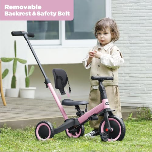 newyoo Tricycle 5 en 1, pour enfants de 1 à 3 ans; avec barre de direction, pédales amovibles, siège réglable (rose)