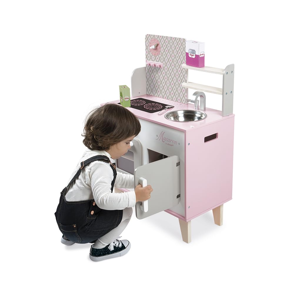 Janod - Cuisine Enfant en Bois Macaron - Équipée avec Frigo et Four Micro Ondes - Avec Bruitage - Imitation et Eveil - 5 Accessoires Inclus - Dès 3 ans, J06567, Rose et Blanc