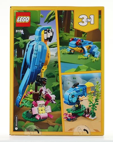 LEGO 31136 Creator 3-en-1 Le Perroquet Exotique, Jouet de Construction, Figurines Animaux de la Jungle, avec Grenouille et Poisson, Jeu Créatif pour Enfant Dès 7 Ans