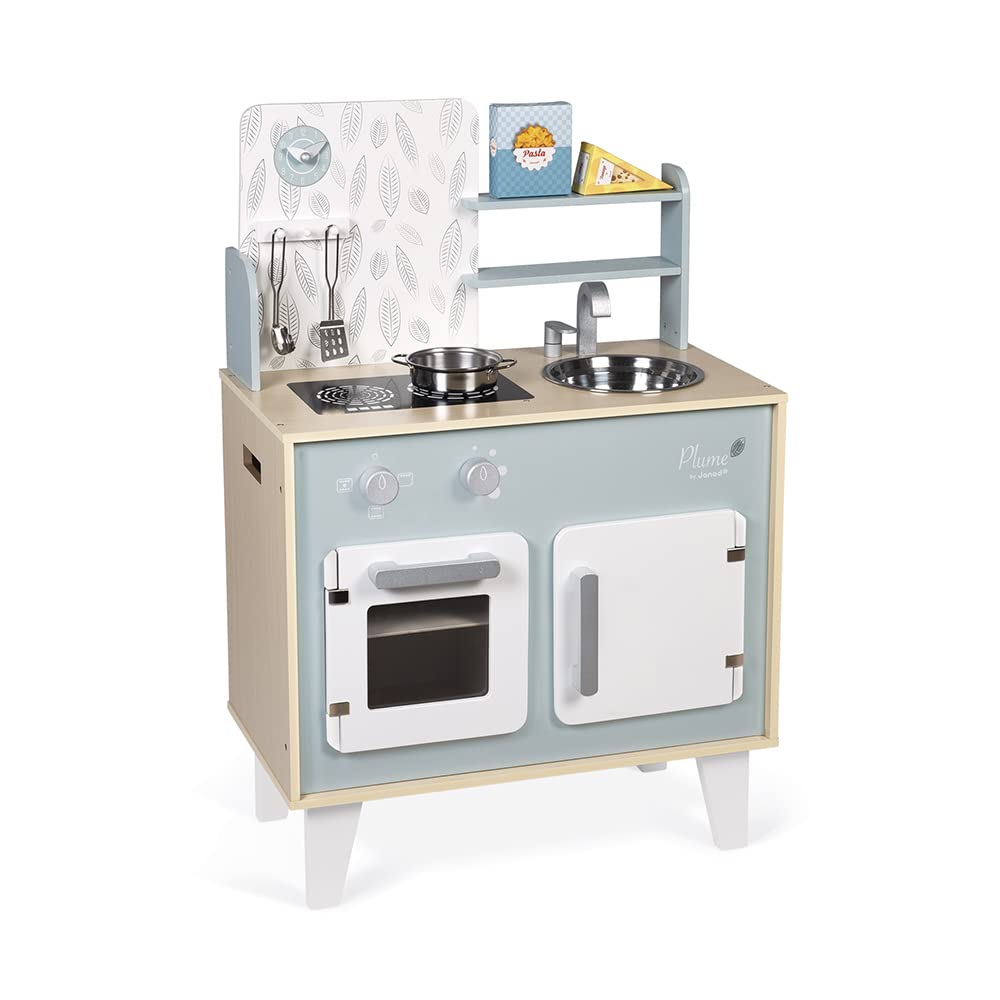 Janod - Cuisine Plume - Cuisinière en Bois pour Enfant - Avec Four, Évier en Inox, Placard, Boutons et Horloge - Cuisine en Bois Avec 5 Accessoires - De 3 à 8 Ans, J06608