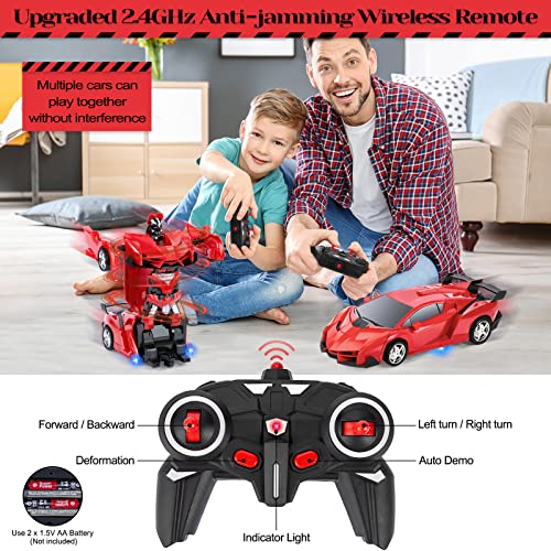 Highttoy Voiture Télécommandé Robot, Transformateur Jouets 3-12 Ans Garçon Fille Cadeau Voiture Robot Transformable 2.4GHz Rotation à 360° Robot Jouet Enfant Rouge