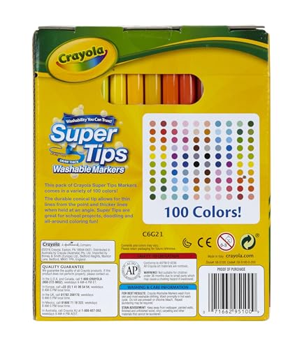 Crayola - Kit de 100 Feutres Lavables, Pointe Conique pour Traits Fins et Épais, Assortiment de Couleurs - Âge Conseillé: à Partir de 3 Ans