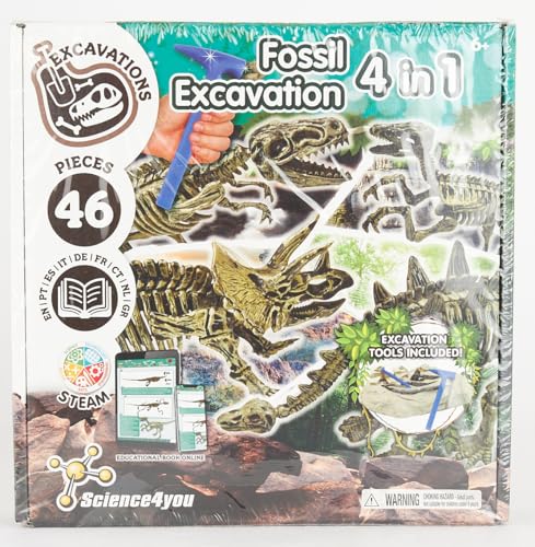 Science4you - Kit de Fouille de Fossiles 4 en 1 pour Enfants 5 6 7 8 9 10 Ans - Excaver et Assembler 4 Dinosaures: T-Rex, Triceratops, Velociraptor et Stegosaurus - Jouet Idéal pour Filles et Garçons