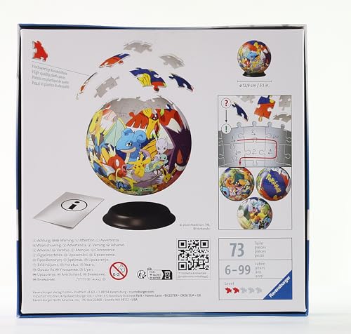 Ravensburger - Puzzle 3D Ball - Pokémon - A partir de 6 ans - 72 pièces numérotées à assembler sans colle - Support inclus - Diamètre : 13 cm - 11785