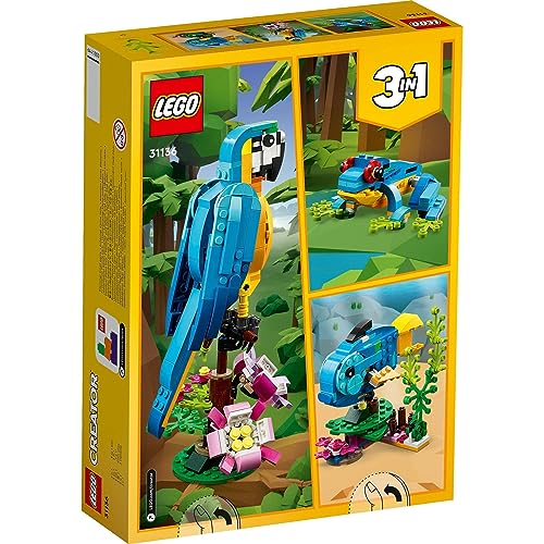 LEGO 31136 Creator 3-en-1 Le Perroquet Exotique, Jouet de Construction, Figurines Animaux de la Jungle, avec Grenouille et Poisson, Jeu Créatif pour Enfant Dès 7 Ans