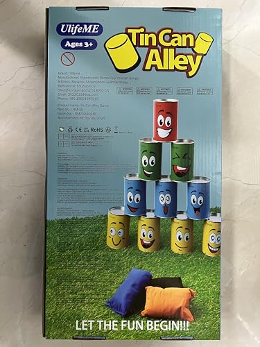 Ulifeme Chamboule Tout, Jeux de Plein Air pour Enfant et Adulte, Jeux Exterieur avec 10pcs Sourire Boite de Conserve Metal + 3pcs Sacs de Fèves, Jeux de Lancer Cadeau for Enfants Anniversaire et Fête