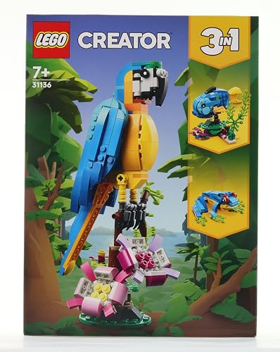 LEGO 31136 Creator 3-en-1 Le Perroquet Exotique, Jouet de Construction, Figurines Animaux de la Jungle, avec Grenouille et Poisson, Jeu Créatif pour Enfant Dès 7 Ans