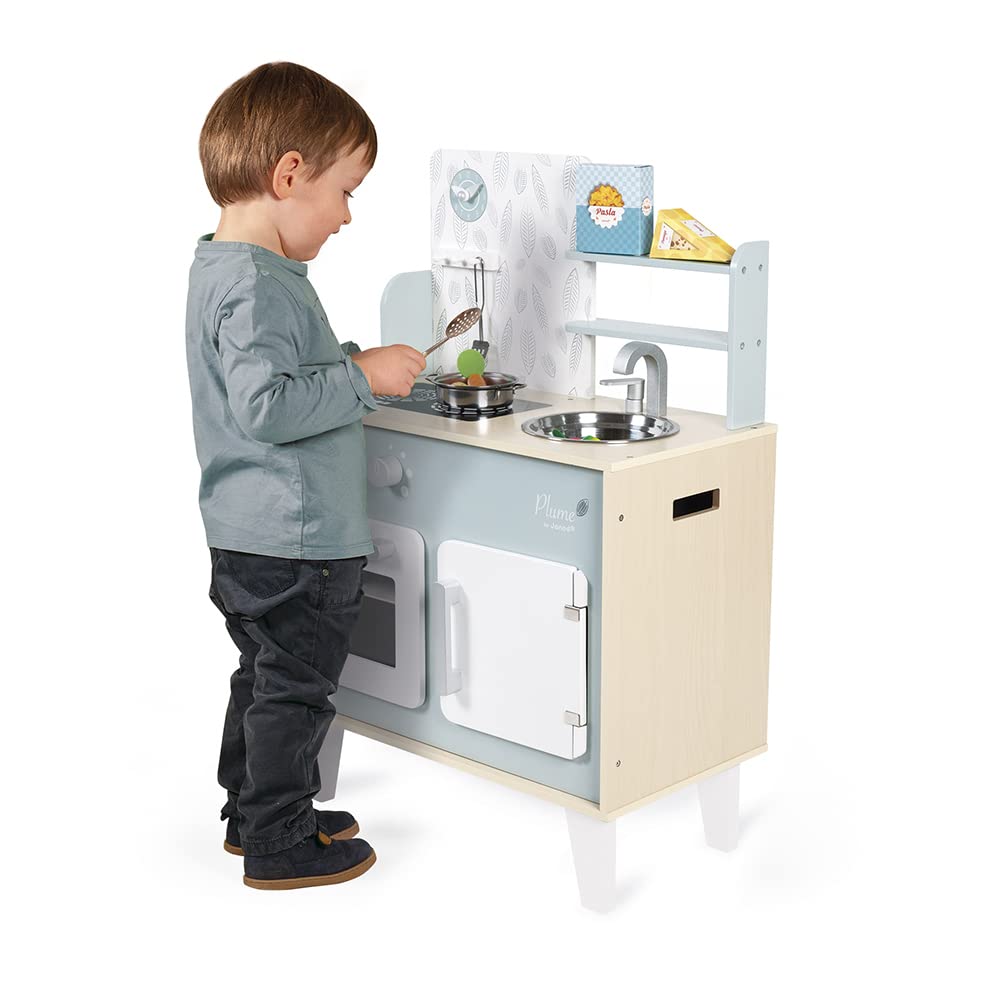 Janod - Cuisine Plume - Cuisinière en Bois pour Enfant - Avec Four, Évier en Inox, Placard, Boutons et Horloge - Cuisine en Bois Avec 5 Accessoires - De 3 à 8 Ans, J06608