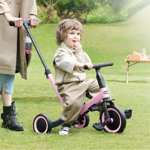 newyoo Tricycle 5 en 1, pour enfants de 1 à 3 ans; avec barre de direction, pédales amovibles, siège réglable (rose)