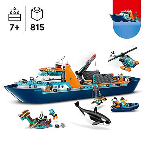 LEGO City Le Navire d’Exploration Arctique - Grand Jouet de Construction Enfant avec Bateau Flottant - Hélicoptère, sous-Marin, Épave de Viking, 7 Minifigurines - Cadeau pour Garçons et Filles 60368