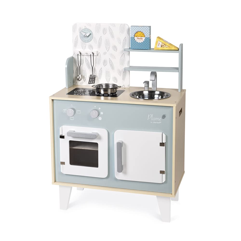 Janod - Cuisine Plume - Cuisinière en Bois pour Enfant - Avec Four, Évier en Inox, Placard, Boutons et Horloge - Cuisine en Bois Avec 5 Accessoires - De 3 à 8 Ans, J06608