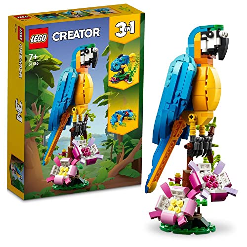 LEGO 31136 Creator 3-en-1 Le Perroquet Exotique, Jouet de Construction, Figurines Animaux de la Jungle, avec Grenouille et Poisson, Jeu Créatif pour Enfant Dès 7 Ans