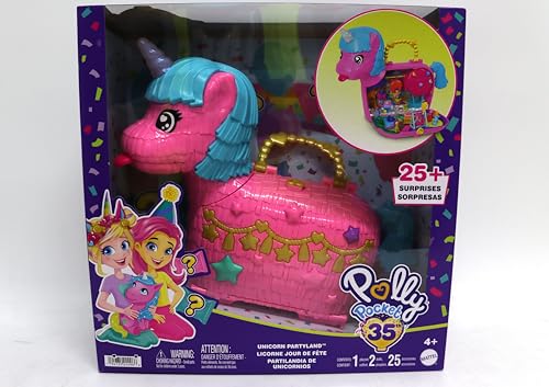 Polly Pocket Les licornes font la fête Coffret et poupées avec animaux de compagnie et plus de 25 accessoires surprises, ballade en montgolfière, HYD96