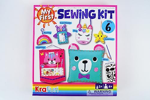 KRAFUN Mon Premier kit de Couture pour Enfants - Arts et Artisanat pour débutants - Comprend 6 projets faciles - Poupées et oreillers - Instructions et Feutre pour Apprendre à Coudre, à Broder
