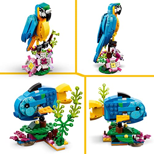 LEGO 31136 Creator 3-en-1 Le Perroquet Exotique, Jouet de Construction, Figurines Animaux de la Jungle, avec Grenouille et Poisson, Jeu Créatif pour Enfant Dès 7 Ans