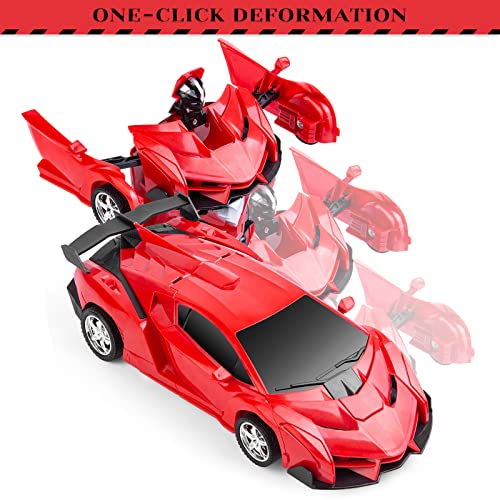 Highttoy Voiture Télécommandé Robot, Transformateur Jouets 3-12 Ans Garçon Fille Cadeau Voiture Robot Transformable 2.4GHz Rotation à 360° Robot Jouet Enfant Rouge