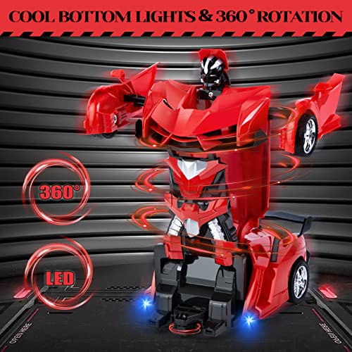 Highttoy Voiture Télécommandé Robot, Transformateur Jouets 3-12 Ans Garçon Fille Cadeau Voiture Robot Transformable 2.4GHz Rotation à 360° Robot Jouet Enfant Rouge