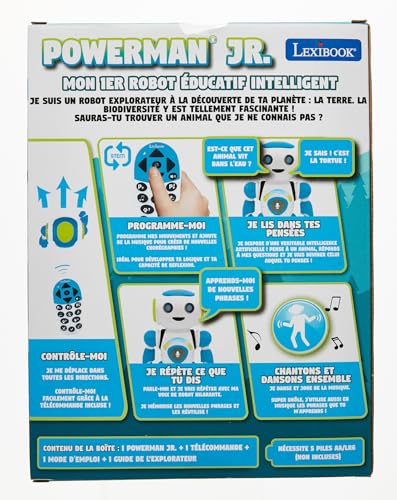Lexibook ROB20FR Junior Robot intelligent qui lit les pensées, jouet pour enfants, danse, joue de la musique, quiz, animaux, karaoké programmable, STEM, bleu/vert, (version française)