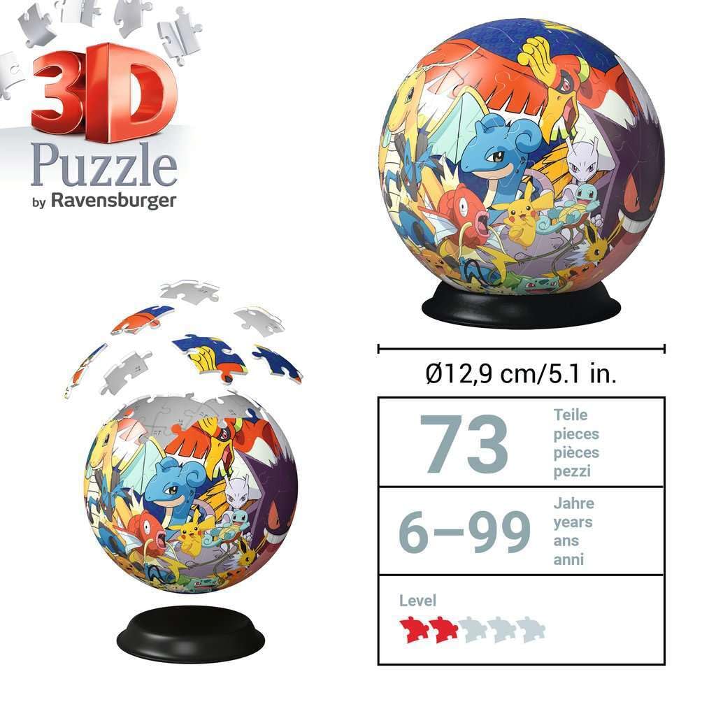 Ravensburger - Puzzle 3D Ball - Pokémon - A partir de 6 ans - 72 pièces numérotées à assembler sans colle - Support inclus - Diamètre : 13 cm - 11785