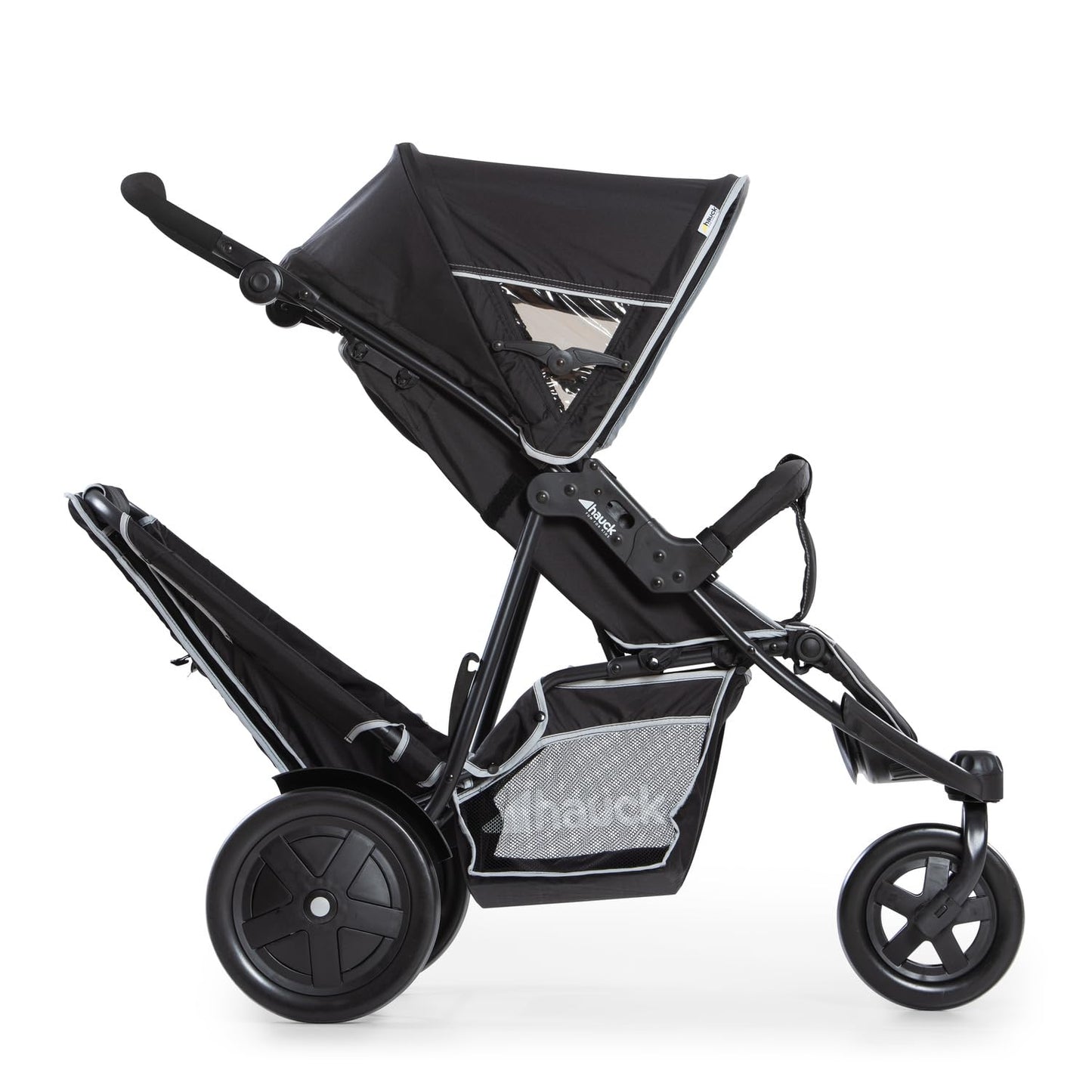 hauck Poussette Double Freerider à 3 Roues - 2 Enfants, Jusqu'à 36 kg - Hauteur Réglable, Pliable, Habillage Pluie Inclus, Siège Bas Amovible - Noir