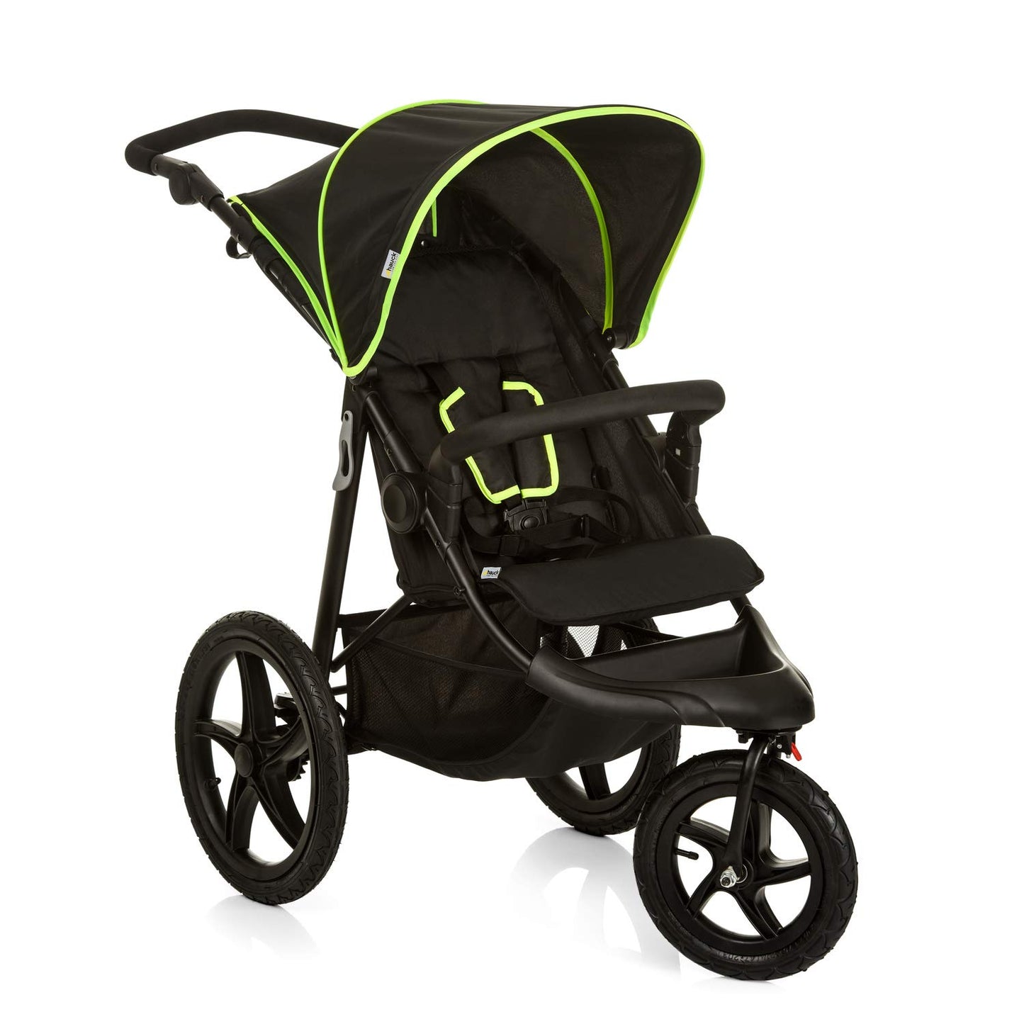 hauck Poussette 3 Roues Runner, Grandes Roues Pneumatiques, Jusqu'à 22 kg, Pliable, Position Allongée, Guidon Réglable, Panier XL Jusqu'à 3 kg, Noir Néon Jaune
