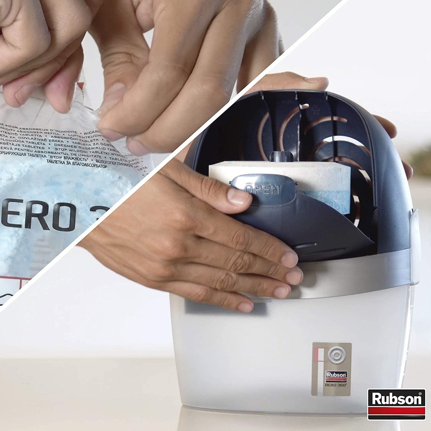 Rubson AERO 360° Absorbeur d'humidité pour pièce de 20 m², déshumidificateur d'air efficace, anti odeur & anti moisissure, inclus 1 recharge neutre 450 g - Packaging renforcé, envoi en toute sécurité