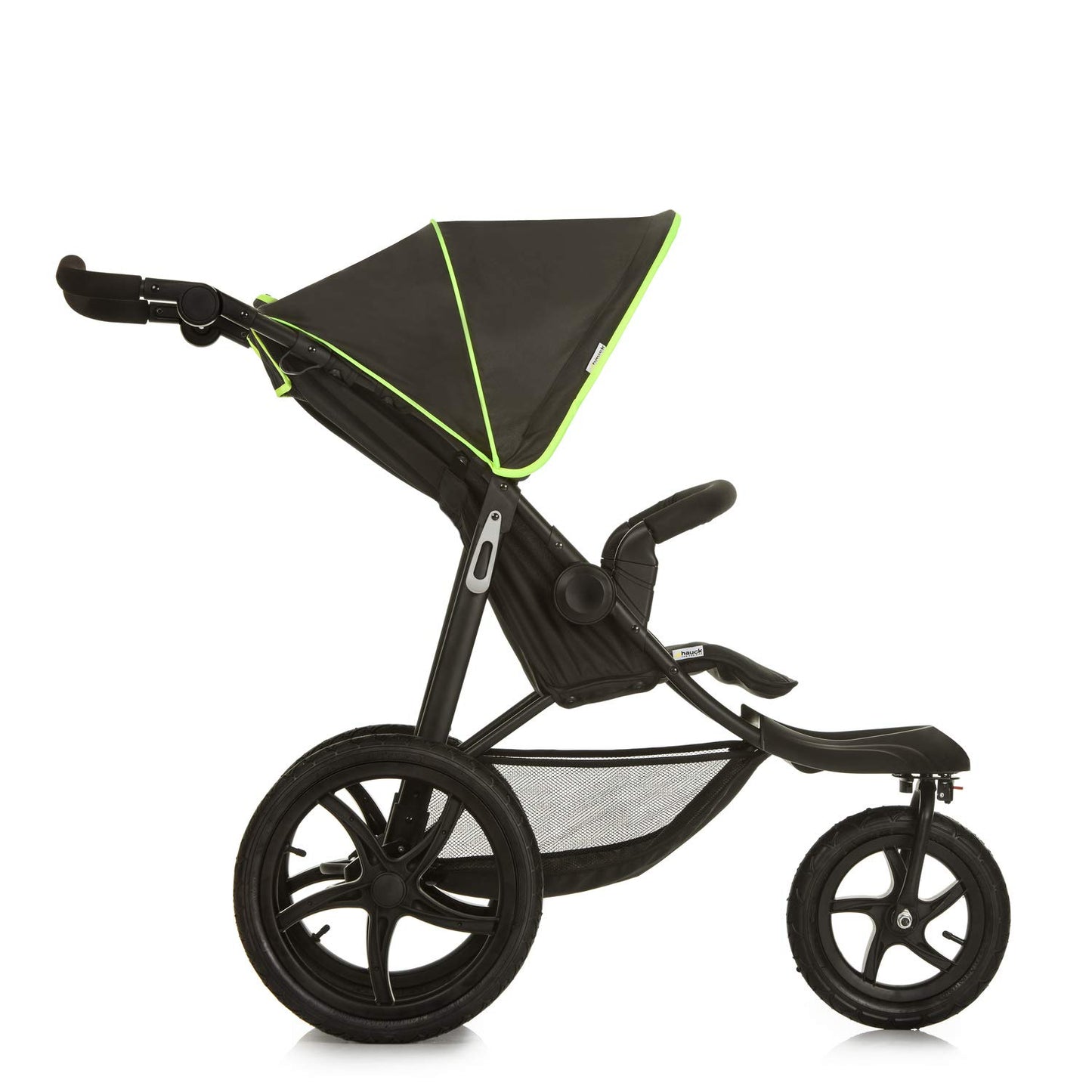 hauck Poussette 3 Roues Runner, Grandes Roues Pneumatiques, Jusqu'à 22 kg, Pliable, Position Allongée, Guidon Réglable, Panier XL Jusqu'à 3 kg, Noir Néon Jaune