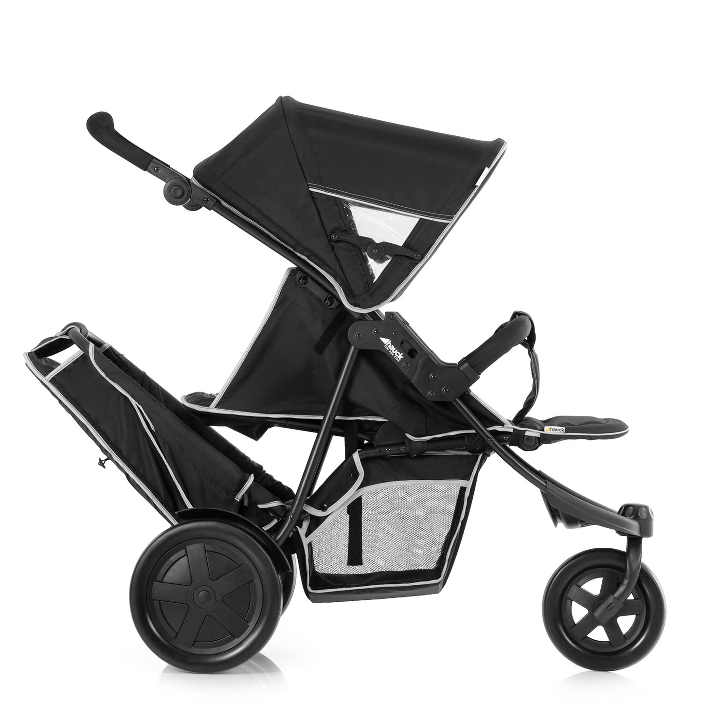 hauck Poussette Double Freerider à 3 Roues - 2 Enfants, Jusqu'à 36 kg - Hauteur Réglable, Pliable, Habillage Pluie Inclus, Siège Bas Amovible - Noir