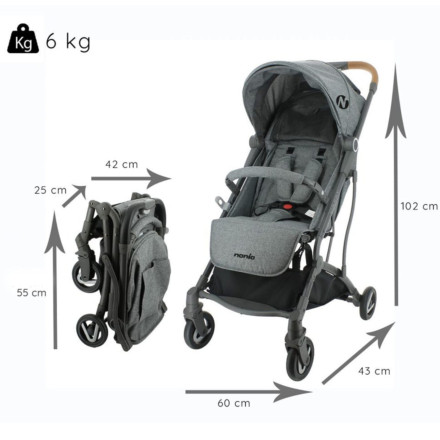 Poussette compacte CASSY 6-48 mois, légère et maniable - pliable à une main - Sac de transport et porte gobelet inclus - Nania (gris)